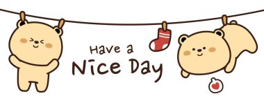 İp pankarta asılı şirin bir ayı. Kırmızı çoraplar ve çamaşır ipinde asılı duran ayıcık arka plan çizilmiş. Çizgi film karakteri tasarımı. Hayvanlar çizer. Kart ya da poster olarak kullanılabilir. Vektör. Görüntü.