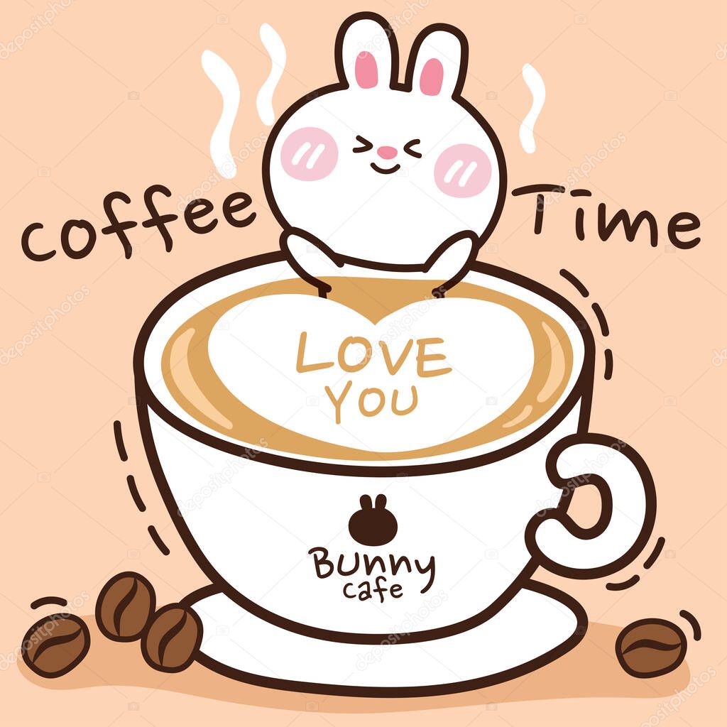 Rabbit in a cup of hot coffee. Bunny cafe logo. Milk froth on cappuccino background. Relax feeling. Cartoon hand drawn. Animal doodle design. Can be use for poster, card, menu. Vector. Illustration.