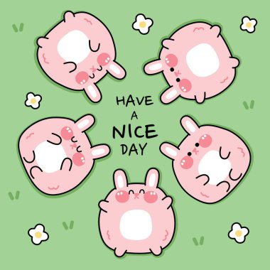 Tatlı tombul tavşan yerde yatıyordu. Paskalya günü. Şişman hayvan karakteri tasarımı. Rahatla. İyi günler..