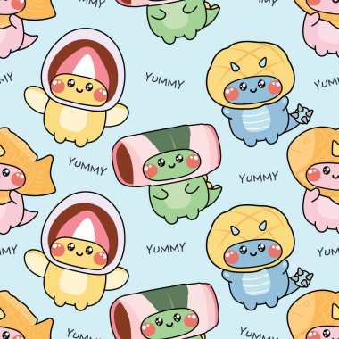 Japon tatlı kostümünde kusursuz bir dinozor deseni. Daifuku, melonpan, sakura mochi, taiyaki el çizimi. Hayvan karakteri tasarımı. Kawaii.Vector. Görüntü:.