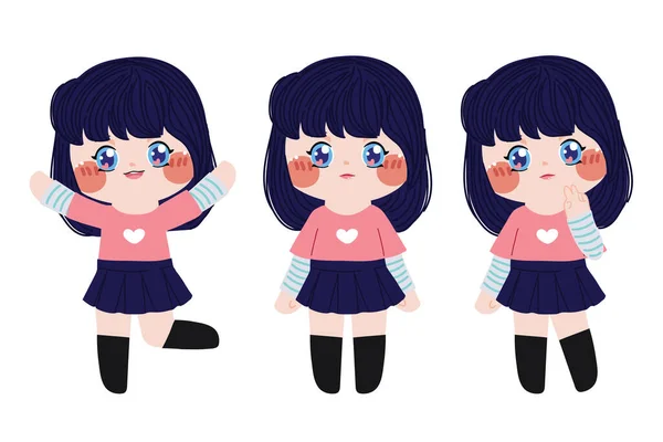 Cute Girl Blue Hair Various Poses Cartoon Teenager Kid Graphic — 스톡 벡터