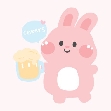 Pastel. Sevimli tavşan elinde bira bardağı karikatürü. Parti. Şerefe..