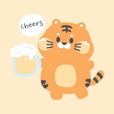 Pastel. Tatlı kaplan bira bardağı tutuyor. Şerefe ders. Hayvan karakteri tasarımı..