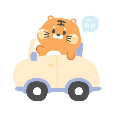 Pastel. Hoş karşılama kaplan arabası beyaz arka planda. Hayvan karakteri tasarımı..