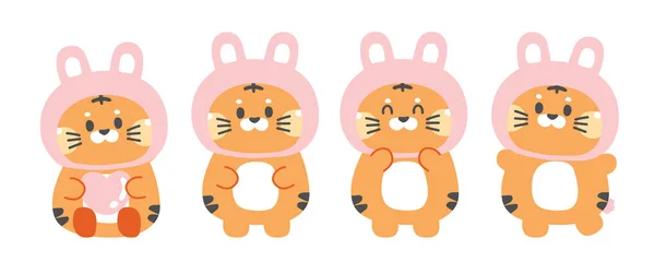 Set Cute Tiger Wear Rabbit Head Costume Pastel Animal Hand — Stock Vector
