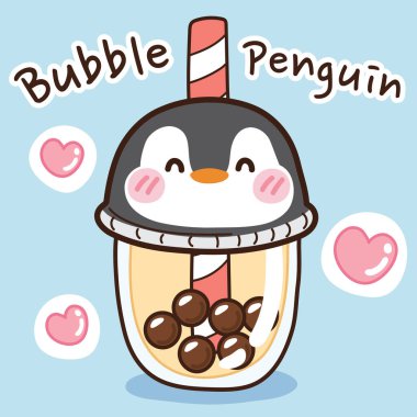 Mavi arka planda penguen fincanındaki balonlu süt çayının vektör çizimi. İnci sütlü karalama tarzı. Güzel karikatür el çizimi. Kawaii hayvani. Menü, kart, çocuk kıyafeti, afiş, afiş..