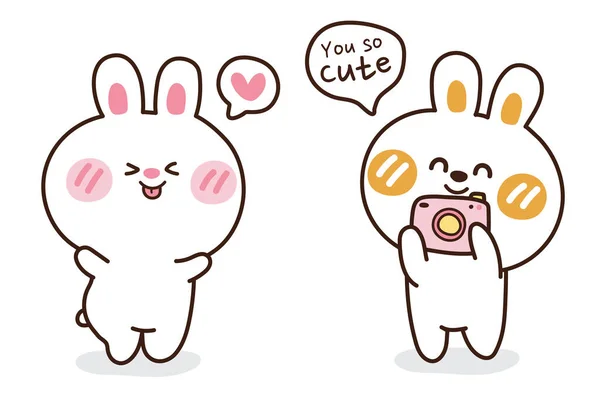 배경에서 사진찍는 귀여운 토끼의 귀여운 Bunny Animal Doodle Cartoon Character — 스톡 벡터