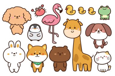 Beyaz arkaplana çizilmiş sevimli hayvanların el koleksiyonu. Çizgi film karakter tasarımı seti. Tavşan, ayı, köpek, penguen, kurbağa, ördek, yengeç, flamingo, zürafa, kedi, shiba inu karalama..