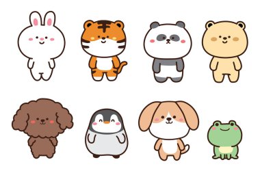 Bir dizi şirin hayvan el resmi. Çizgi film karakteri koleksiyonu. Tavşan, kaplan, panda, ayı, köpek, penguen, kurbağa karalama. Çocuk grafiği.