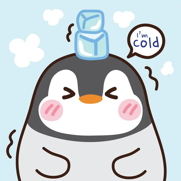 ペンギンは青い背景に描かれた頭の上に氷を持っています かわいい漫画のキャラクターデザイン — ストックベクタ