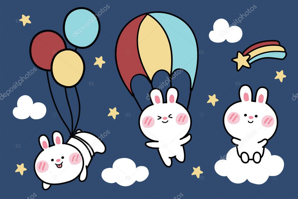 Rabbit in sky background.Cartoon character design.Cute animal banner.Star,rainbow,cloud doodle.Kawaii.Vector.Illustartion.