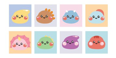 Pastel arka planda bir grup sevimli dinozor. Jurassic. Hayvan Karakteri Tasarımı. Kawai Vector..