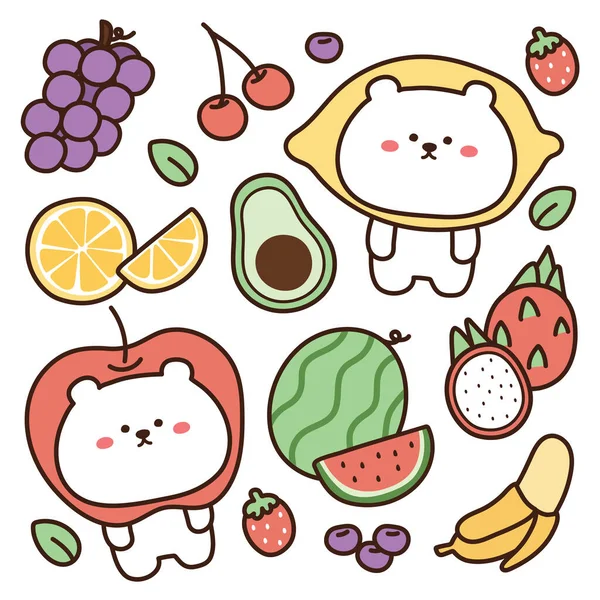 猕猴桃 草莓豆 卡片图像 Kawaii 分离对象 Vector Illustration — 图库矢量图片