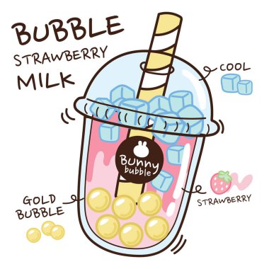 Çilekli süt dolu bir el çizildi. Altın inci sütlü menü karalama. Tavşan logosu. Tayvan 'ın ünlü ve popüler içeceği. Güzel karikatür tasarımı. Kawaii tarzı. Vektör. Görüntü.