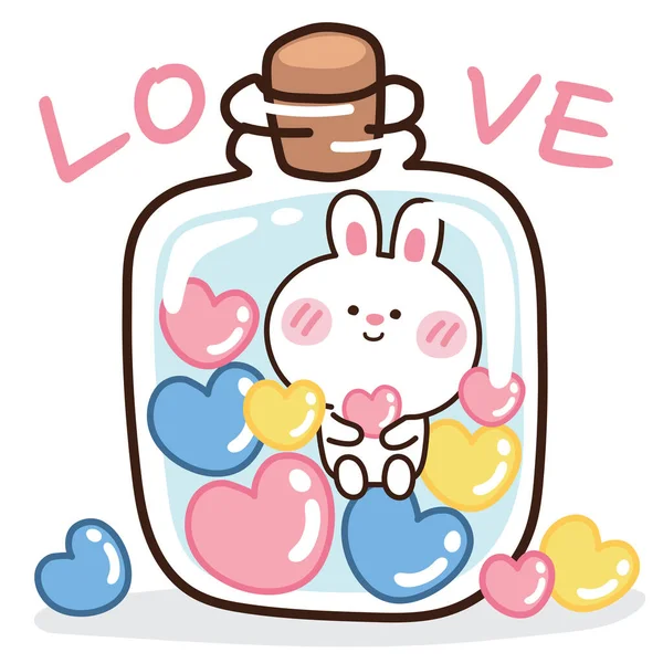 カラフルな泡の心の背景を持つガラスボトルの小さなウサギ 漫画のキャラクターデザイン カード ポスター Tシャツ バレンタインデーに使用することができます — ストックベクタ