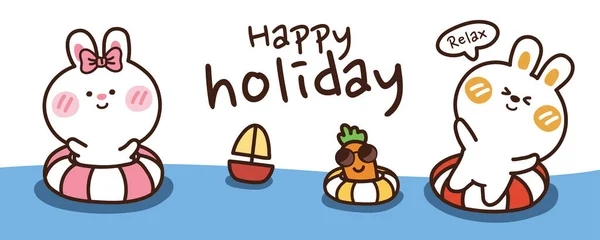 Kaninchen Schwimmring Mit Karotte Und Segelboot Banner Cute Cartoon Tier — Stockvektor