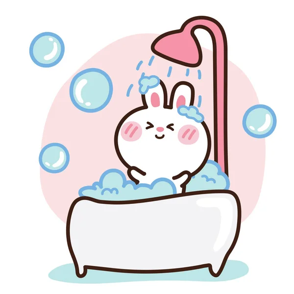 Baby Rabbit Taking Bath Full Soap Foam Hand Drawn Bunny — Stock Vector