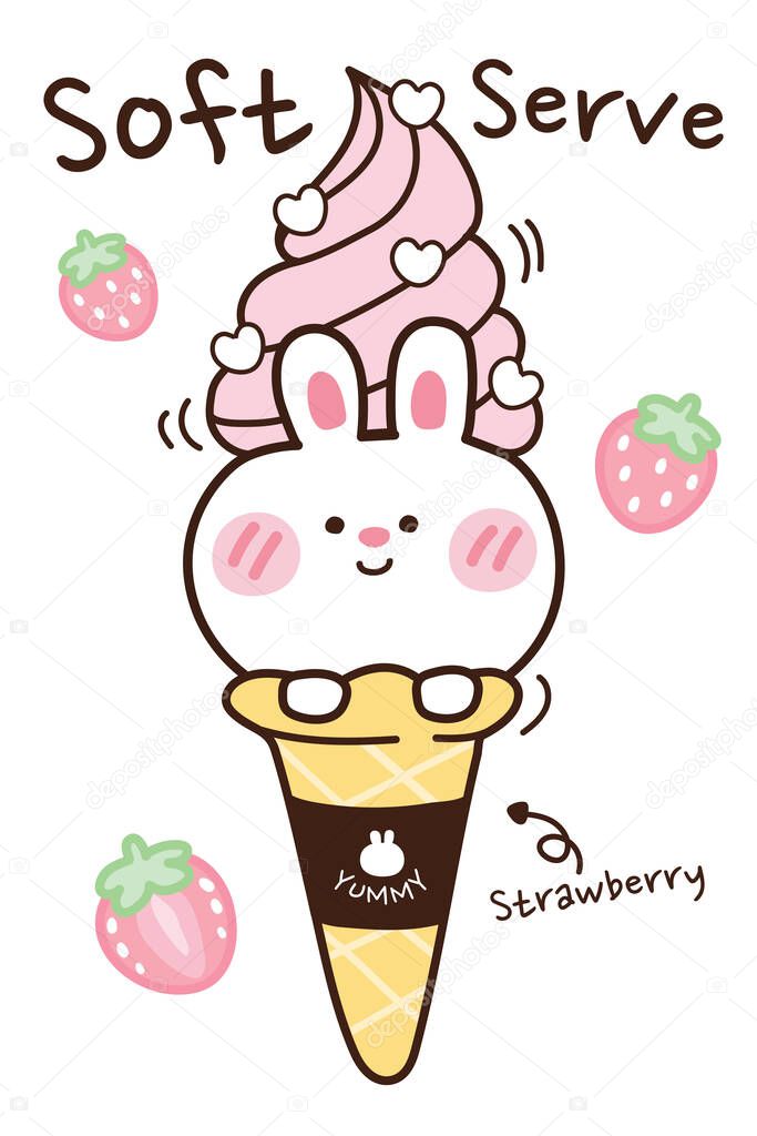Soft serve on head cute rabbit hand drawn. Strawberry flavor ice cream on cone background. Cartoon bunny doodle style. Yummy logo. Can be use for card, menu, T-shirt. Vector. Illustration.