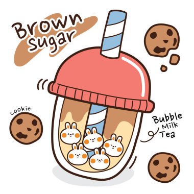 Köpüklü sütlü çay elin çizilmiş. Esmer şeker menüsü. İnci sütlü çay karalaması. Tavşan logosu. Tayvan 'ın ünlü ve popüler içeceği. Güzel karikatür tasarımı. Vektör. Görüntü.