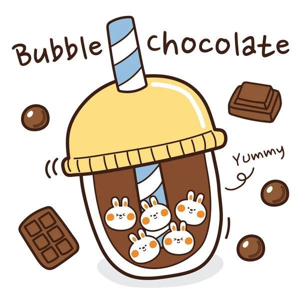 Çikolatalı inci tavşanlı menü arka plan çizilmiş. Şirin tavşan kakaolu sütlü çay tasarımı. Tayvan 'ın ünlü içkisi. Çizgi film karalama stili. Lezzetli bir yazı. Vektör. Görüntü.