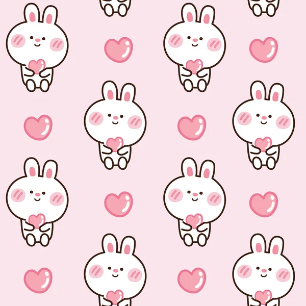 Muster Niedlichen Kaninchen Halten Rosa Herz Hand Gezeichneten Hintergrund Zeichentrickfigur — Stockvektor