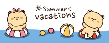 Renkli afişlerle dolu yüzme ringinde ayı. Sevimli hayvan karakteri tasarımı. Yaz tatilleri. Havuz, deniz karalaması tarzı..