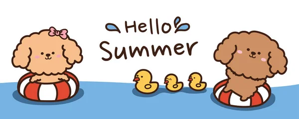 带着小鸭子横幅的泳圈里的狗 可爱的卡通动物人物设计 夏天背景 游泳池 海狗风格 旅游度假 儿童服装图片 图片说明 — 图库矢量图片