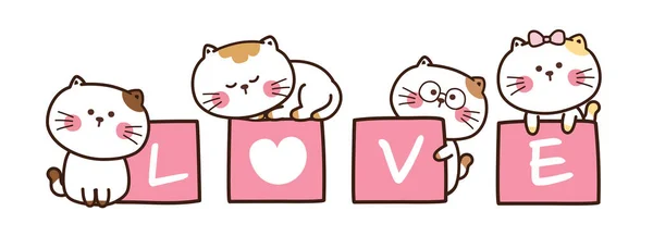 Cat Love Writing Pink Box Hand Drawn Banner Kitten Various — ストックベクタ