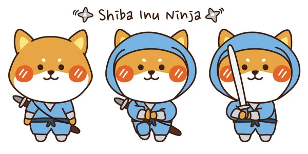 Set Shiba Inu Ninja Various Poses Hand Drawn Cute Japanese — стоковый вектор