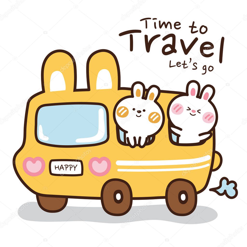 Rabbit on bunny bus hand drawn.Time to travel writing background.Summer concept.Road trip.Cute cartoon character.Doodle style.Kid graphic.Image for card,poster,childrens clothes.Vector.Illustration.