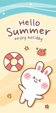 Mutlu Tavşan deniz kenarında uzanmış afiş deseni. Merhaba yaz arkaplanı. Çizgi film karakteri tasarımı. Yüzme yüzüğü, yengeç, kabuk karalama stili..