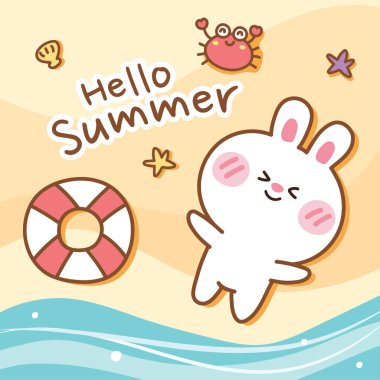 Deniz kenarındaki el pankartta yatan tavşan. Merhaba yaz arkaplanı. Güzel çizgi film hayvan karakteri tasarımı. Tavşan, yüzme yüzüğü, yengeç, kabuk karalama stili..