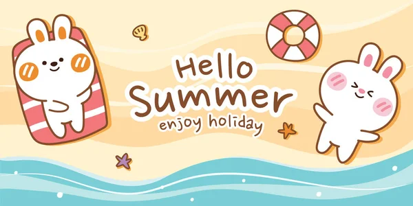 Bunny Lying Sea Beach Hand Drawn Banner Hello Summer Background — ストックベクタ