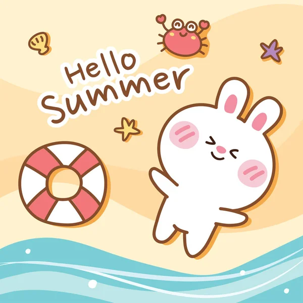 해변에 Banner Hello Summer Background Cute 캐릭터 Design Bunny Swiing — 스톡 벡터