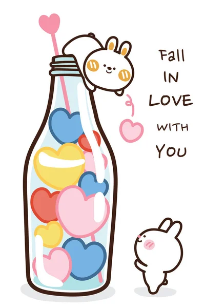 Heart Glass Bottle Couple Rabbit Hand Drawn Background Cute Bunny — Stock Vector