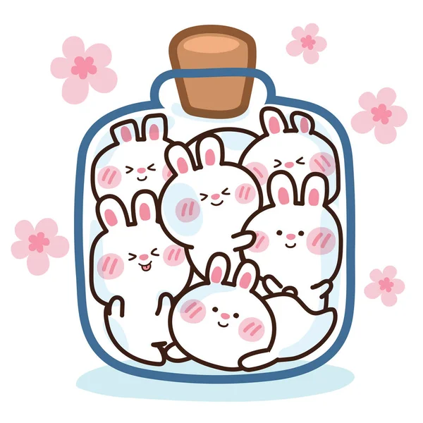 フルガラスボトルの手描きでウサギ ピンクの花の背景 漫画のウサギのキャラクターデザイン かわいい動物の人形スタイル カード ポスター Tシャツ ステッカーのための画像 — ストックベクタ