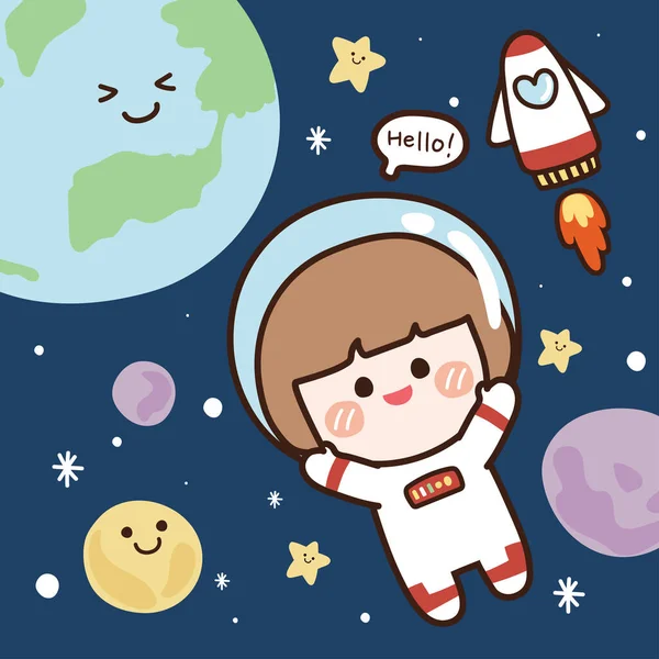 太空中的宇航员手牵着手向背景打招呼 女孩的涂鸦 孩子的笑脸 可爱的孩子卡通人物的设计 Kawaii概念 Universe Star Earth Planet Vector — 图库矢量图片