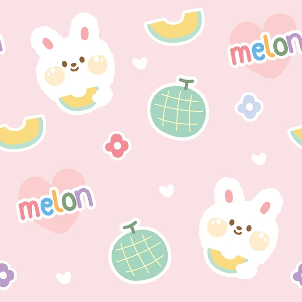 Pink Background Seamless Pattern Cute Rabbit Face Eat Melon Animal — Vettoriale Stock