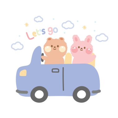 Şirin ayı ve tavşan araba karikatürüne oturur. Hayvanlar için karakter tasarımı. Pastel renk. Mesajlaşalım..