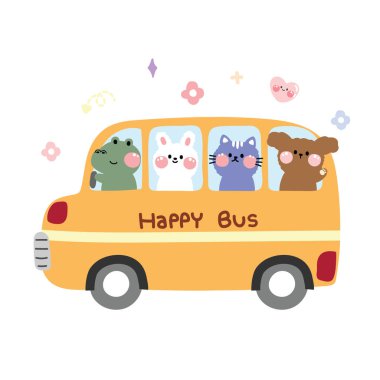Cute animals with yellow bus.Crocodile,rabbit,cat,dog cartoon hand drawn.Isolated.Kawaii.Vector.Illustration.