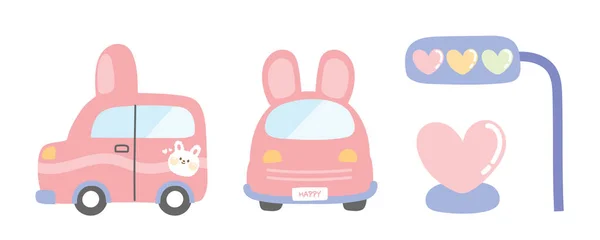 Conjunto Carro Bonito Coelho Cartoon Transportation Pastel Color Image Para — Vetor de Stock