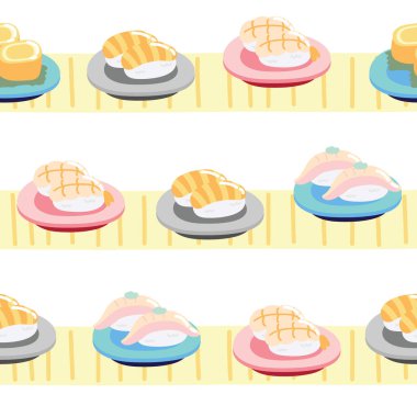 Kusursuz suşi taşıma bandı çizgi filmi. Japon yiyeceği. Beyaz arka plan. Kawai Vector..