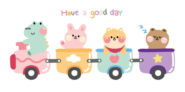 Tener Buen Día Text Cute Animales Sientan Train Crocodile Conejo — Vector de stock