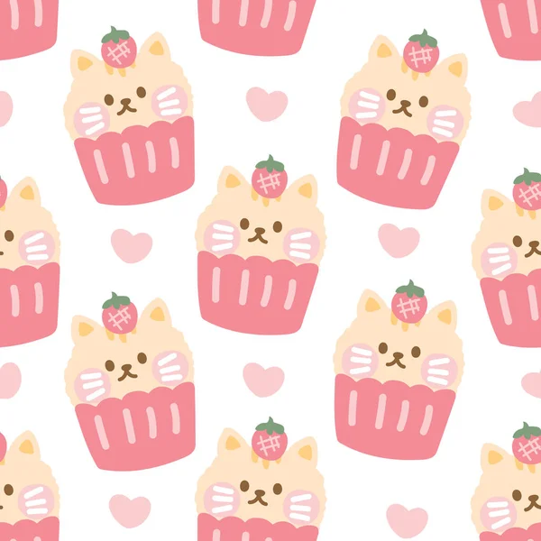 Seamless Pattern Cute Cat Face Cupcake White Background Animal Character — 스톡 벡터