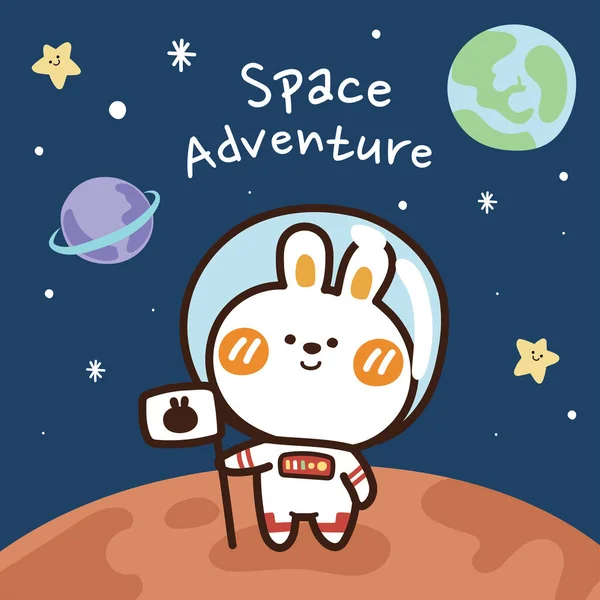 Astronaut Rabbit Holding Flag Planet Space Hand Drawn Background Cute — Image vectorielle