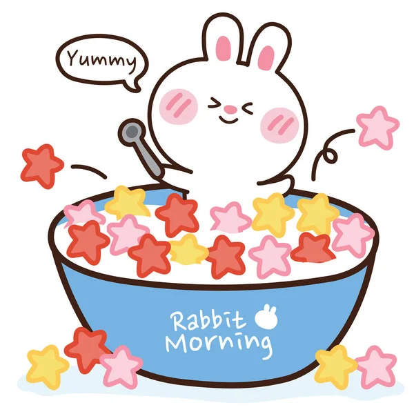 Cute Rabbit Holding Spoon Milk Star Cornflakes Cereals Background Breakfast — Image vectorielle