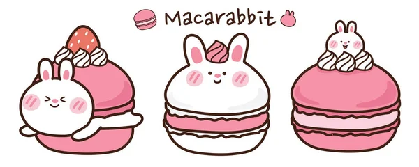 Set Macaron Rabbit Hand Drawn Cute Cartoon Doodle Isolated Objects — стоковый вектор