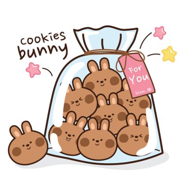 Kurabiye tavşanı plastik poşette çizilmiş. Güzel çizgi film karakteri tasarımı. Tavşan, atıştırmalık, yıldız karalaması..