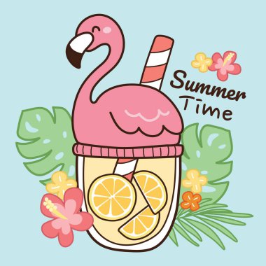 Flamingo bardağı ve saman el çizimi limonata. Geçmişi yazma zamanı. Hibiscus çiçeği, tropikal palmiye yaprakları karalama. Kart, poster, web afişi için görüntü..