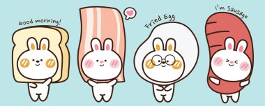 Set of rabbit with food on head background.Bread,bacon,fried egg,sausage hand drawn.Cute cartoon character design.Animal doodle.Breakfast concept.Mascot.Collection.Vector.Illustration.